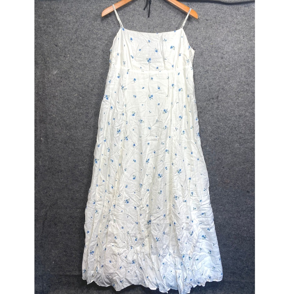H&M White Blue Floral Maxi Dress Open Back Tie Adjustable Straps NWT Size L